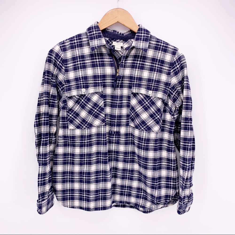 J Crew Women's Small Blue 3/4 Zip Buffalo Check Popover Shirt Jacket E4424 B2